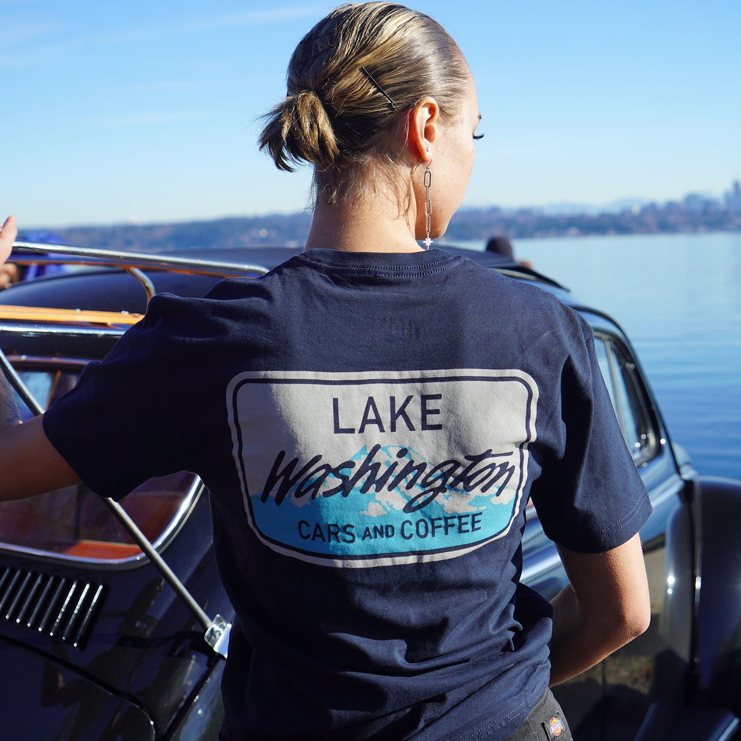 Lake Washington Cars and Coffee License Plate Left Chest Tee